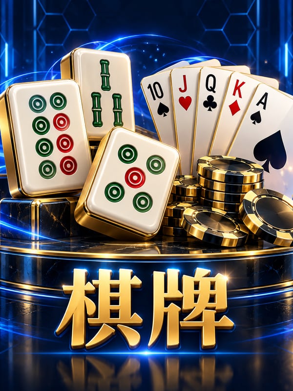 麻將、撲克牌與籌碼堆在金邊平台上，標題寫棋牌