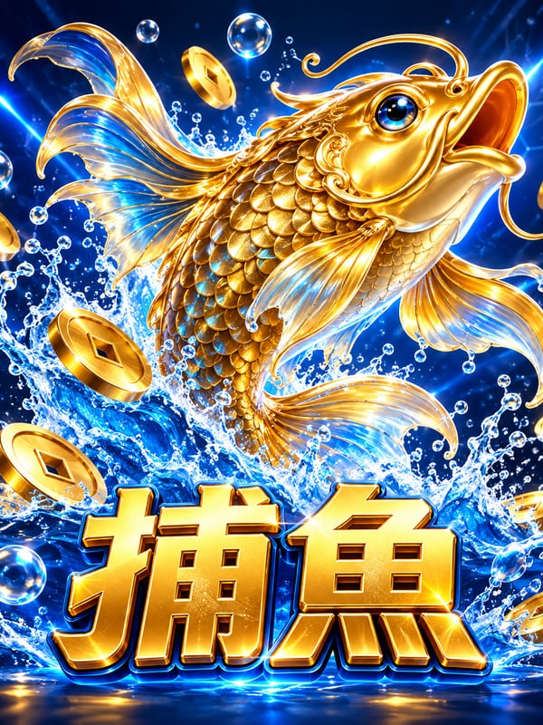 金色鯉魚躍出水面、金幣與水花四濺，標題寫捕魚