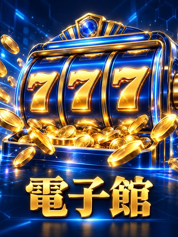 藍金拉霸機三個 7 與金幣噴出，標題寫電子館