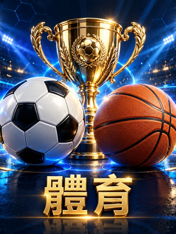金色獎盃、足球與籃球在藍色光暈裡，標題寫體育