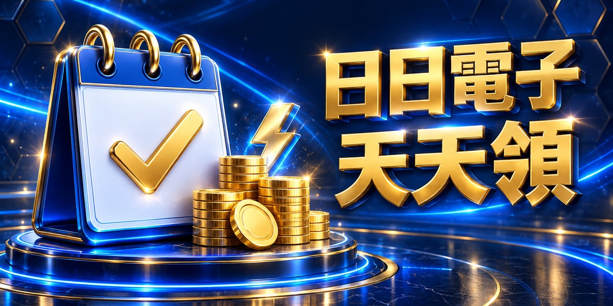 藍白日曆打勾與金幣塔，旁邊寫日日電子天天領