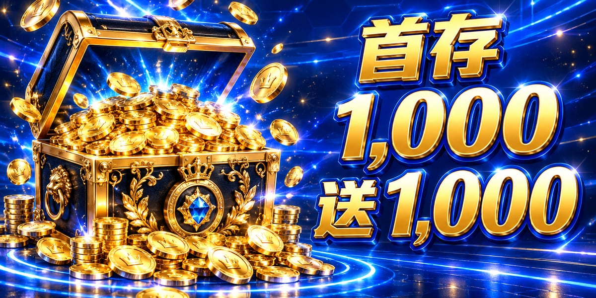 寶箱裡堆滿金幣，旁邊寫首存 1,000 送 1,000