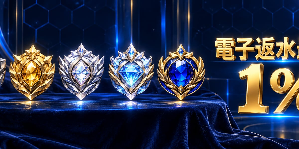 五枚由銀到藍的 VIP 徽章，旁邊寫電子返水最高 1%